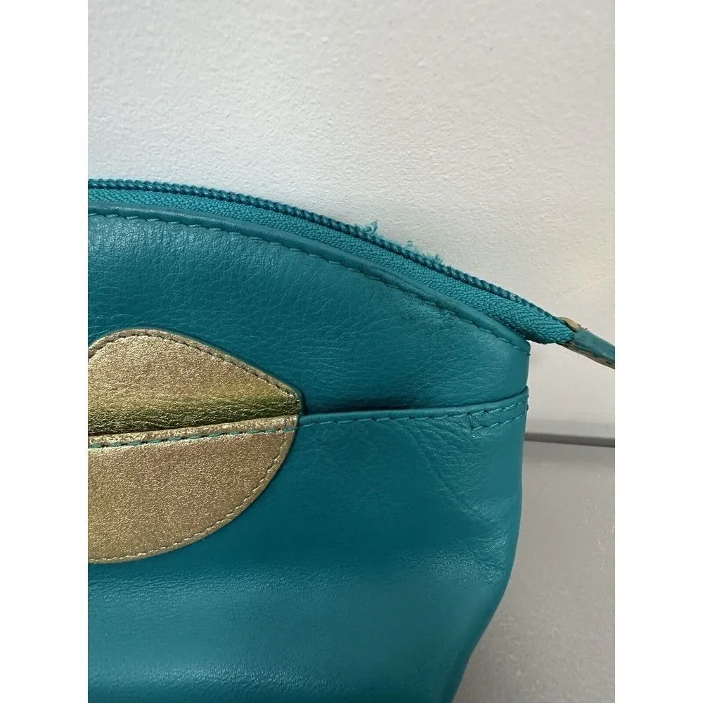 ili New York Hot Lips Cosmetic Case Turquoise‎ /Gold RFID Blocking Leather #30